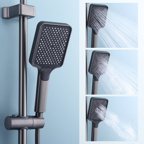 Душевая система Splenka S52.24.09 высота 1372 мм цвет графит, комплект: однорычажный смеситель-полка/излив/тропический душ прямоугольный (с верхней лейкой)/лейка/стойка/шланг, латунь
