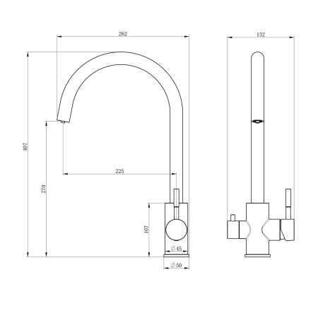 Смеситель для кухни/мойки SS Oliveeka GL-458022-BGM с подключением к фильтру, двухзахватный, поворотный излив, керамический картридж, высокий, длина излива 225 мм, нержавеющая сталь, цвет оружейный металл