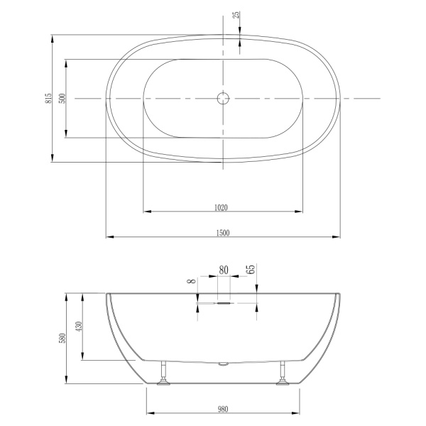 Ванна ABBER 150x81,5x58 см акриловая, цвет- белый, (без гидромассажа) овальная, отдельностоящая, правосторонняя/левосторонняя, универсальная AB9263-1.5