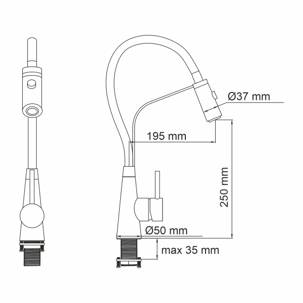Смеситель для кухни/мойки WasserKRAFT, однорычажный, поворотный/гибкий излив, керамический, длина излива 295 мм, нержавеющая сталь, цвет черный