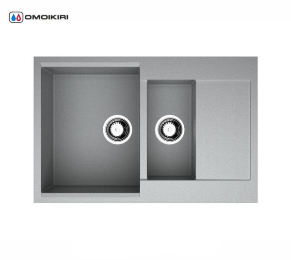 Мойка Omoikiri Daisen 78-2-GR Artgranit, 78х51 см, врезная, двойная, с левым/правым крылом, из искусственного камня, прямоугольная, цвет Leningrad Grey, без отверстия под смеситель, слив-перелив