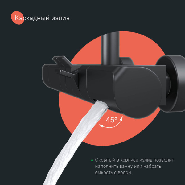 Душевая система IDDIS SpaHome термостатическая, наружного монтажа, высота 1060-1570 мм, цвет черный матовый, комплект: смеситель/каскадный излив/тропический душ (с верхней лейкой) /стойка/лейка/шланг, клавишное управление, наружного монтажа SPHBLTKi0