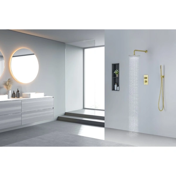 Душевая система Aquatek Европа 3 в 1 встраиваемая, цвет шлифованное золото, комплект: термостатический смеситель/тропический душ (с верхней лейкой)/кронштейн/лейка/шланг, латунь, внутренний (скрытый) монтаж