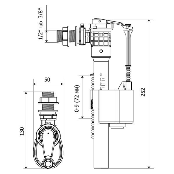 Впускной клапан KK-POL ZN3 Universal боковой подвод воды 1/2" и 3/8" нр. штуцер пластик, для пластиковых и керамических бачков, заливной механизм