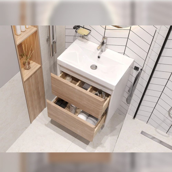 Тумба под раковину Velvex Gesso 600-0-2, 590х390х592 мм подвесная, цвет белый матовый/дуб сонома, 2 выдвижных ящика, подходит раковина 9696-60, универсальная, в ванную комнату