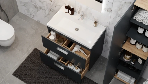 Тумба под раковину Velvex Orlando 800-0-2, 799х445х799 мм напольная, цвет графит, 2 выдвижных ящика, подходит раковина Madera Classica rkCla.80-81, универсальная, в ванную комнату