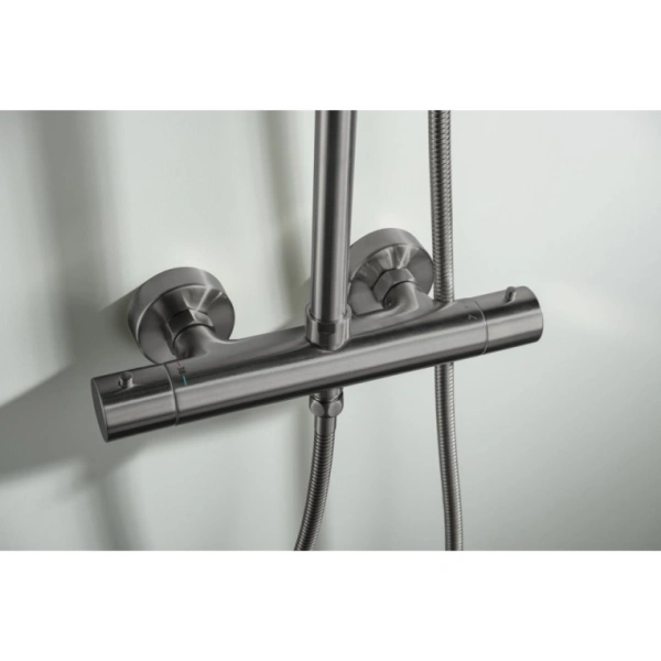 Душевая система Aquatek Европа с термостатом, 883-1383 мм, цвет оружейная сталь, комплект: термостатический смеситель/тропический душ (с верхней лейкой)/лейка/стойка/шланг, латунь