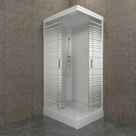 Душевая кабина Тритон Квадро A 120х80х228 см поддон низкий, прямоугольный, без гидромассажа, с верхним душем, передние стекла (рисунок полосы) задние белые, смеситель, профиль алюминий белый, закрытая