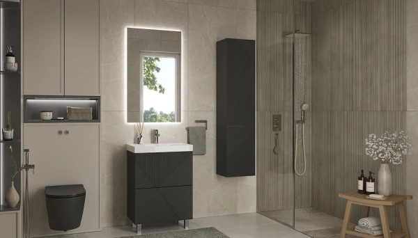 Тумба под раковину Velvex Edge 600-0-2, 596х393х796 мм напольная, цвет графит, 2 выдвижных ящика, подходит раковина 9696-60, универсальная, в ванную комнату