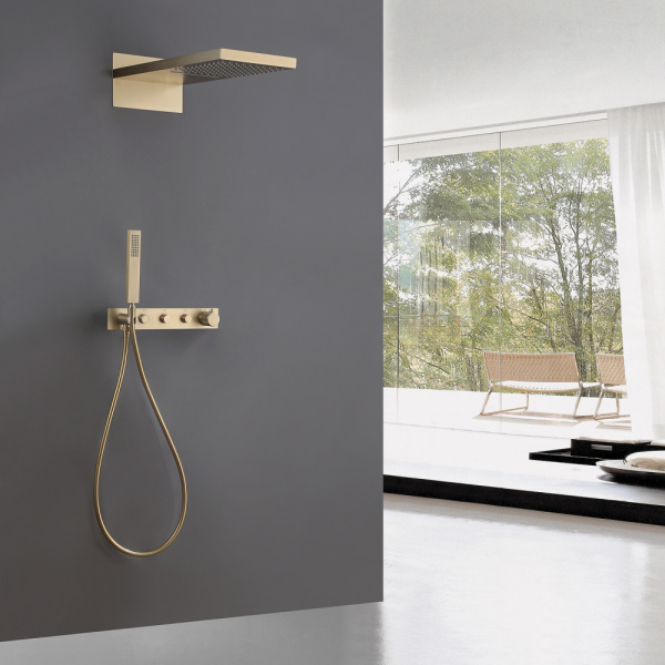 Душевая система ABBER Rund, встраиваемая, цвет золото матовое, комплект: термостатический смеситель/тропический душ (с верхней лейкой)/лейка/шланг, внутренний (скрытый) монтаж