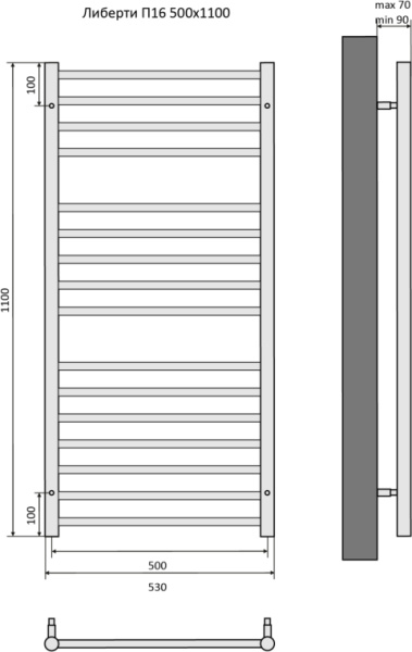 Полотенцесушитель Aquatek Либерти водяной П16 500х1100 мм черный муар, нержавеющая сталь, лесенка, подключение нижнее