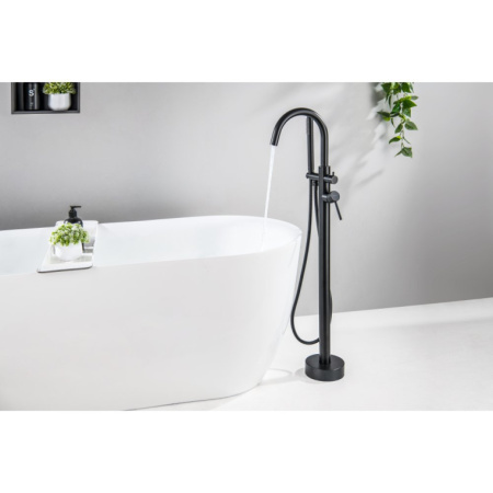 Смеситель для ванны/душа Aquatek Европа напольный, однорычажный, поворотный, длина 227 мм, керамический, латунь, цвет матовый черный