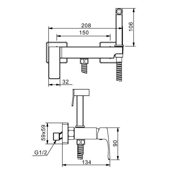 Смеситель с гигиеническим душем Raglo R01.51, настенный, однорычажный, керамический, без излива, с гибким шлангом/лейкой, латунь, цвет хром