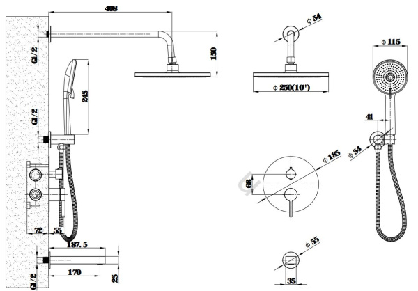 Душевая система Esko Sochi Gold встраиваемая, скрытого монтажа, цвет золото, комплект: однорычажный смеситель/излив/тропический душ (с верхней лейкой)/лейка/держатель лейки/шланг, скрытый монтаж