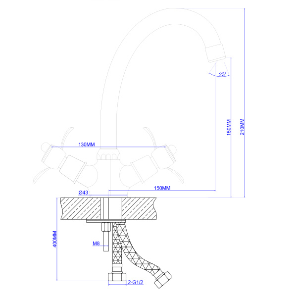 Смеситель для кухни/мойки AQUEDUC двухвентильный, поворотный, длина излива 150 мм, высота 150 мм цинк, цвет хром 346152