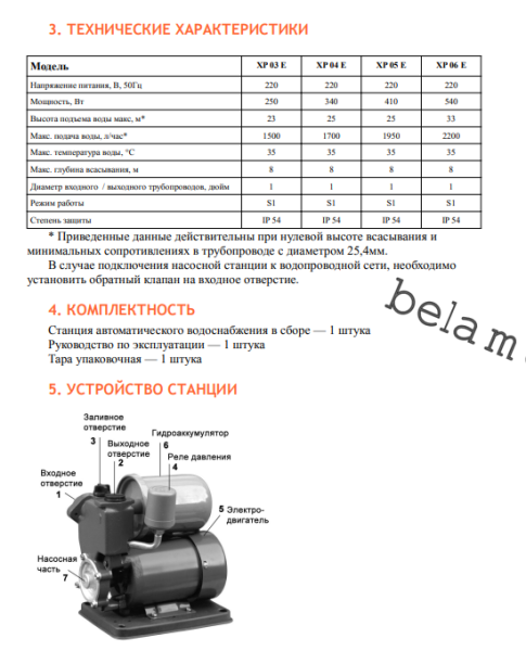 Насосная станция BELAMOS XP 04 E, 1.7 м³/ч, напор 25 м, 0.34 кВт, (220 В) гидроаккумулятор 2 л, (мини)