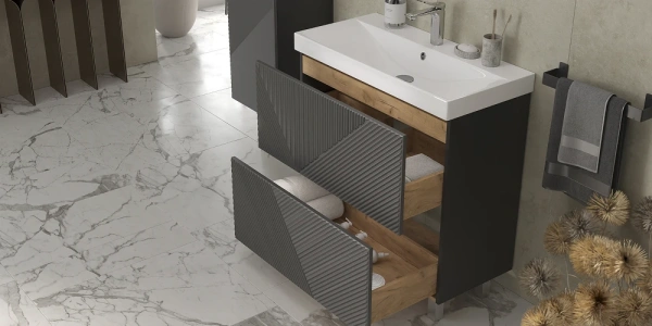 Тумба под раковину Velvex Edge 800-0-2, 804х393х796 мм напольная, цвет графит, 2 выдвижных ящика, подходит раковина 9696-80, универсальная, в ванную комнату