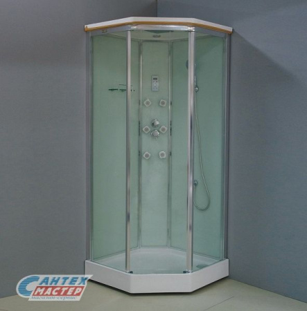 Душевая кабина 90х90х225 см Clio A, BandHours, поддон низкий, трапецевидная/пятиугольная, угловая, с гидромассажем, с верхним душем, смеситель, профиль хром , прозрачное стекло, белая, закрытая