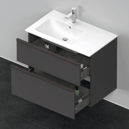 Тумба под раковину Duravit D-Neo, 81х46,2х62,5 см, подвесная, 2 выдвижных ящика, ДСП, цвет: графит матовый, шкафчик навесной, прямоугольная, правая/левая, для раковины ME by Starck # 233683, в ванную комнату