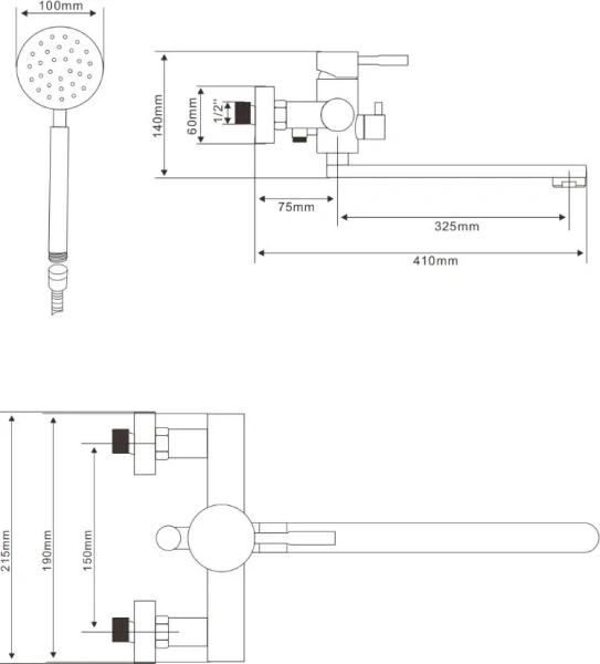 Смеситель для ванны/душа Olives AKERO AK11221 однорычажный, керамический картридж, настенный, излив поворотный 325 мм, цвет нержавеющая сталь