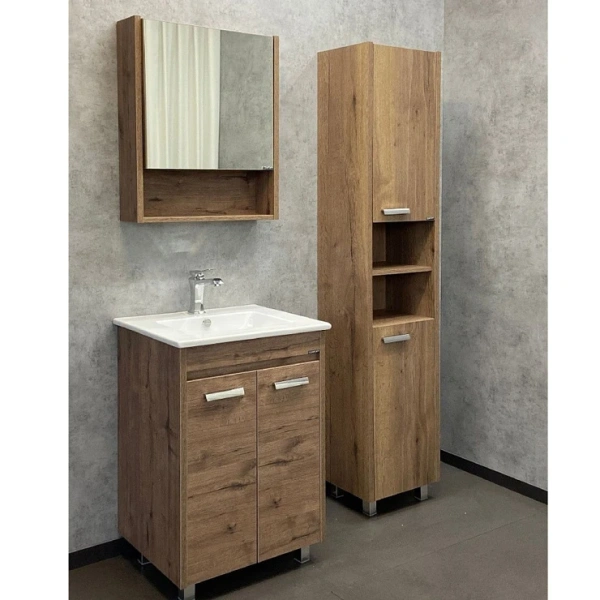 Тумба с раковиной Comforty Марио 60, 61х85,5х46,5 см, напольная, 2 распашные дверцы, ЛДСП, прямоугольная, цвет- дуб темный/раковина Quadro 60, прямоугольная, цвет белый, встраиваемая