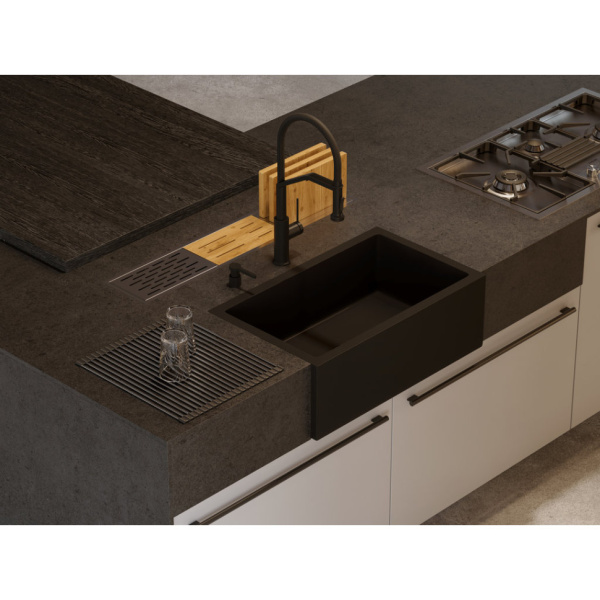 Мойка кухонная Omoikiri Mikura 91-BL, 46х91 см, врезная/с фронтальной стенкой, из натуральной керамики (Natceramic), прямоугольная, цвет черный, без отверстия под смеситель, без крыла, слив-перелив, врезная в столещницу, для кухни