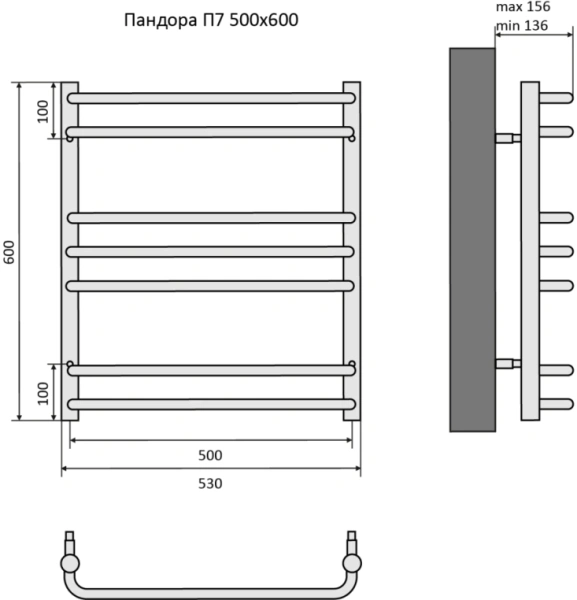 Полотенцесушитель Aquatek Пандора водяной П7 500х600 мм черный муар, нержавеющая сталь, лесенка, подключение нижнее