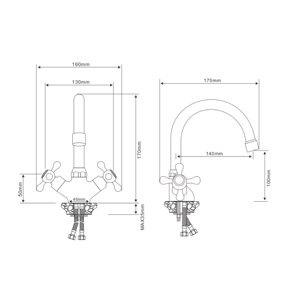 Смеситель для раковины/умывальника Olives Anari AN19100 двухвентильный, поворотный, кран-букса, длина излива 140 мм, латунь, цвет хром