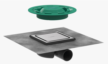 Трап Hansgrohe RainDrain Spot 150х150, для душа, точечный, с решеткой, на пол, 22,6х22,6 см, с гидрозатвором, горизонтальный выпуск, нержавеющая сталь/пластик, квадратный