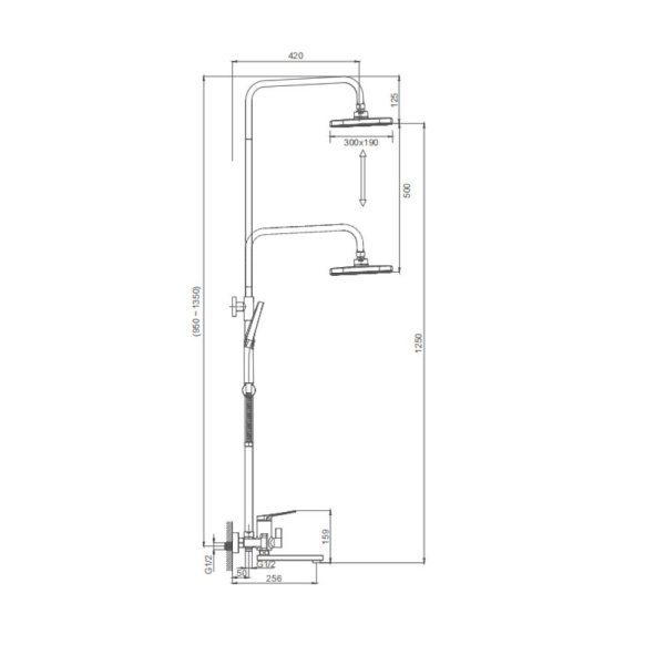 Душевая система Splenka S40.24 высота 950-1350 мм цвет черный, комплект: однорычажный смеситель/излив/тропический душ прямоугольный (с верхней лейкой)/лейка/стойка/шланг, латунь