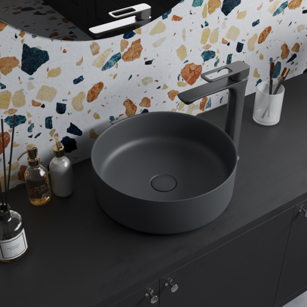 Раковина IDDIS Ray 35,5х35,5х12 см, накладная, круглая, керамическая/фарфоровая, цвет серый матовый, без отверстия под смеситель, без слив-перелива, умывальник