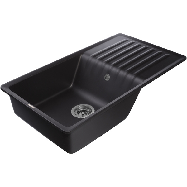 Мойка GranFest QUARZ 73, 85х47,5 см, врезная, кварц, прямоугольная, цвет черный, без отверстия под смеситель, слив-перелив, с крылом, оборачиваемая, для кухни