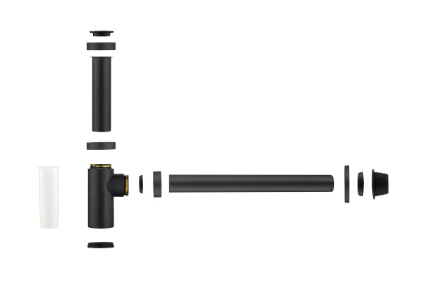 Сифон для раковины Aquatek AQ6012MB бутылочный, без выпуска, 1 1/4" горизонтальный/боковой выпуск (в стену), латунь/нержавеющая сталь, цвет матовый черный, для раковины/умывальника