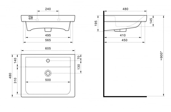 Раковина Santek Тигода 60, 60х47,5х17 см, встраиваемая, прямоугольная, классическая/стандартная, цвет белый, керамическая/фарфоровая, отверстие под смеситель, слив-перелив