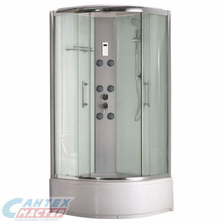 Душевая кабина 90х90х217 см Bora B, BandHours поддон высокий, полукруглая, угловая, с гидромассажем, с верхним душем, смеситель, профиль хром, прозрачное стекло, белая, закрытая