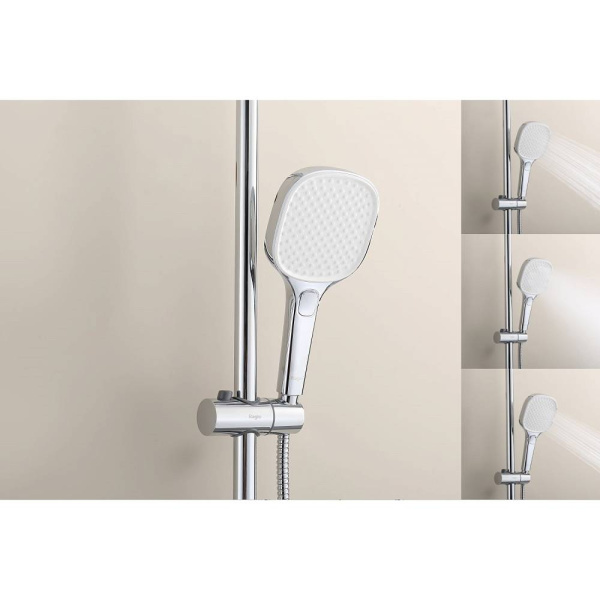 Душевая система Raglo R22.26 с термостатом, высота 1130-1480 мм цвет хром, комплект: термостатический смеситель/излив/тропический душ прямоугольный (с верхней лейкой)/лейка/стойка/шланг, латунь