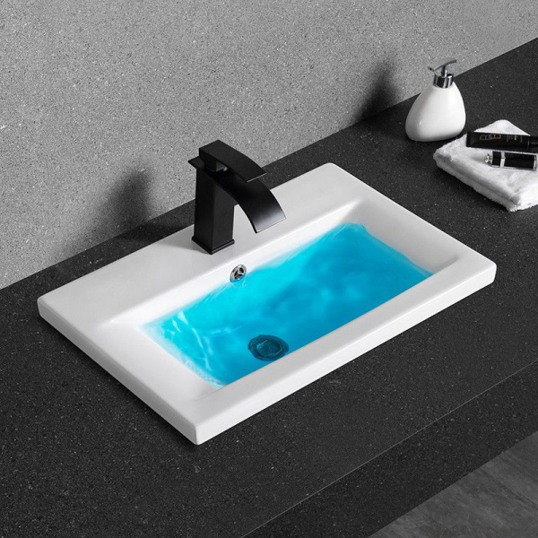 Раковина для ванной CeramaLux 9393-60 60х18,5х39,5 встраиваемая, прямоугольная, керамическая/фарфоровая, цвет белый, с отверстием под смеситель, слив-перелив