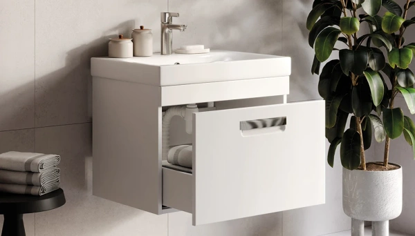 Тумба под раковину Velvex Estea 600-0-1, 593х450х450 мм подвесная, цвет белый матовый, 1 выдвижной ящик, подходит раковина Moduo 60 см, универсальная, в ванную комнату