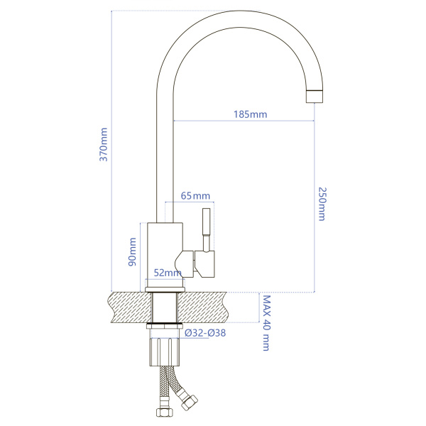 Смеситель для кухни/мойки AQUEDUC однорычажный, поворотный, керамический, длина излива 185 мм, высота 250 мм, нержавеющая сталь 345318
