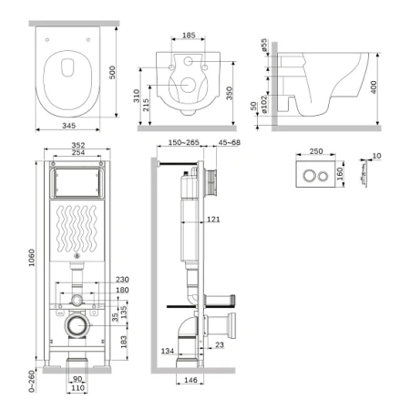 Комплект унитаза с инсталляцией AM.PM Damixa Jupiter, c сиденьем микролифт, с клавишей смыва (кнопкой, клавишей двойного смыва) черной, система для подвесного унитаза, со скрытым смывным бачком (бак), с подвесным унитазом