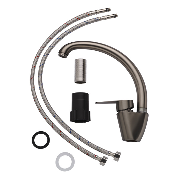 Смеситель для кухни/мойки AQUEDUC однорычажный, поворотный, керамический, высота излива 260 мм, нержавеющая сталь, цвет серый 345731