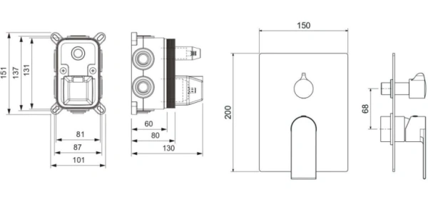 Смеситель для ванны/душа Aquatek Лира настенный, однорычажный, встраиваемый, 3 режима, без излива, латунь, цвет хром
