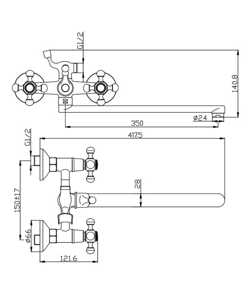 Смеситель для ванны/душа Olives Girona двухвентильный, керамический, настенный, излив поворотный 350 мм, с гибким шлангом, душем/лейкой, латунь хром 01221GR