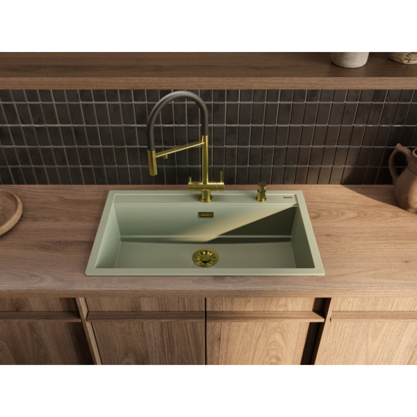 Мойка кухонная Omoikiri Kitagawa 86-LB-WG, 51х86 см, врезная, из керамики (Artceramic), прямоугольная, цвет зеленый ветер, без отверстия под смеситель, без крыла, слив-перелив, врезная в столещницу, для кухни