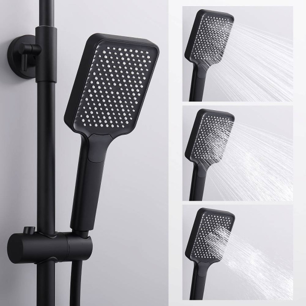 Душевая система Splenka S01.24.06 высота 620-1200 мм цвет черный, комплект: однорычажный смеситель/излив/тропический душ прямоугольный (с верхней лейкой)/лейка/стойка/шланг, латунь