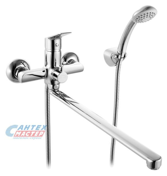 Смеситель для ванны/душа Milardo Nelson однорычажный, керамический, настенный, излив поворотный 408 мм, с гибким шлангом, душем/лейкой, латунь, цвет хром, длинный, универсальный, горизонтальный, рычажный, кран, комплект, сантехника, размер