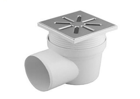 Трап в пол 150 х 150 мм СИНИКОН слив D110 (белый/решетка металлическая хром), боковой/горизонтальный выпуск, с гидрозатвором, пластик, безраструбный, регулируемый