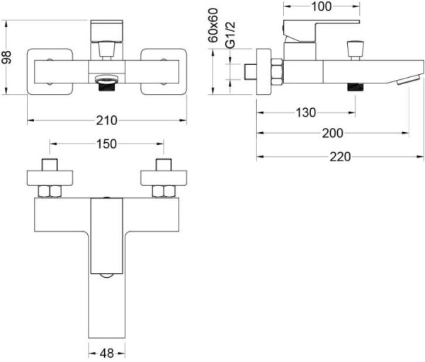 Смеситель для ванны/душа Aquatek Либра однорычажный, керамический, настенный, излив фиксированный 200 мм, без шланга и лейки, латунь, цвет хром
