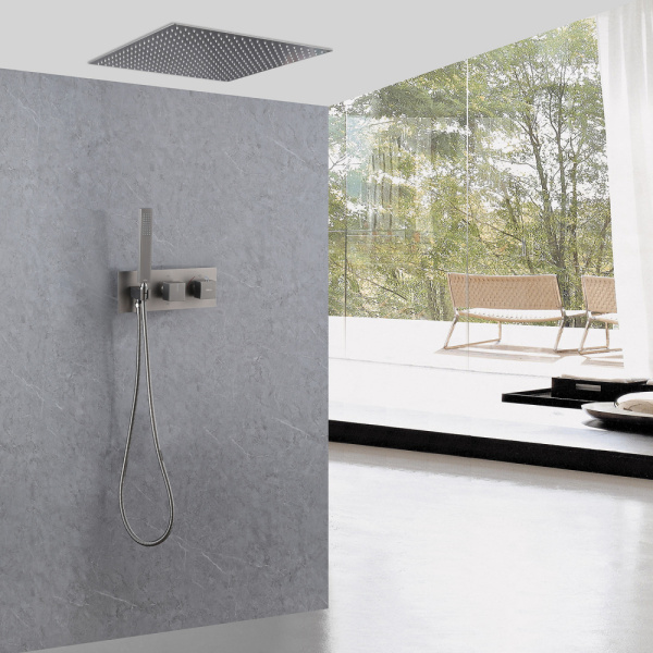 Душевая система ABBER Daheim, встраиваемая, цвет никель, комплект: термостатический смеситель/тропический душ (с верхней лейкой)/лейка/шланг, внутренний (скрытый) монтаж AF8255NG