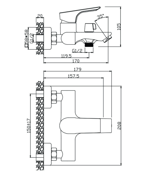 Смеситель для ванны/душа Olives Porto однорычажный, керамический, настенный, излив фиксированный 150 мм, с гибким шлангом, душем/лейкой, латунь, цвет хром 11201PR